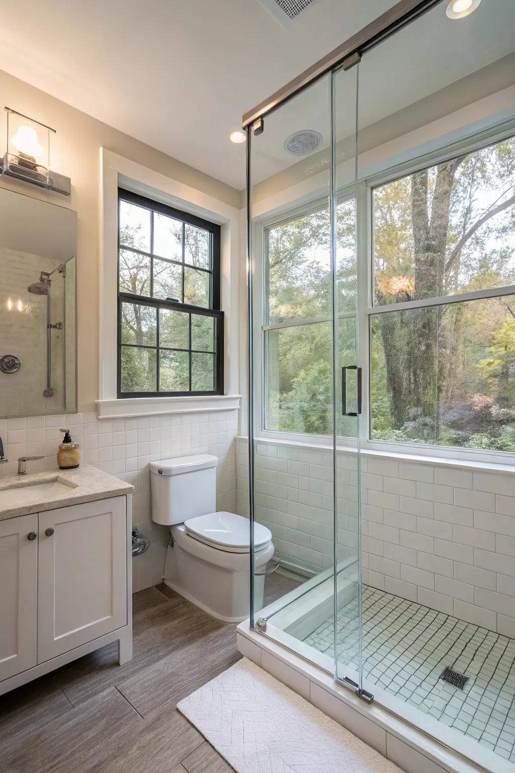Open and airy bathroom featuring transparent dividers and plenty of natural light.