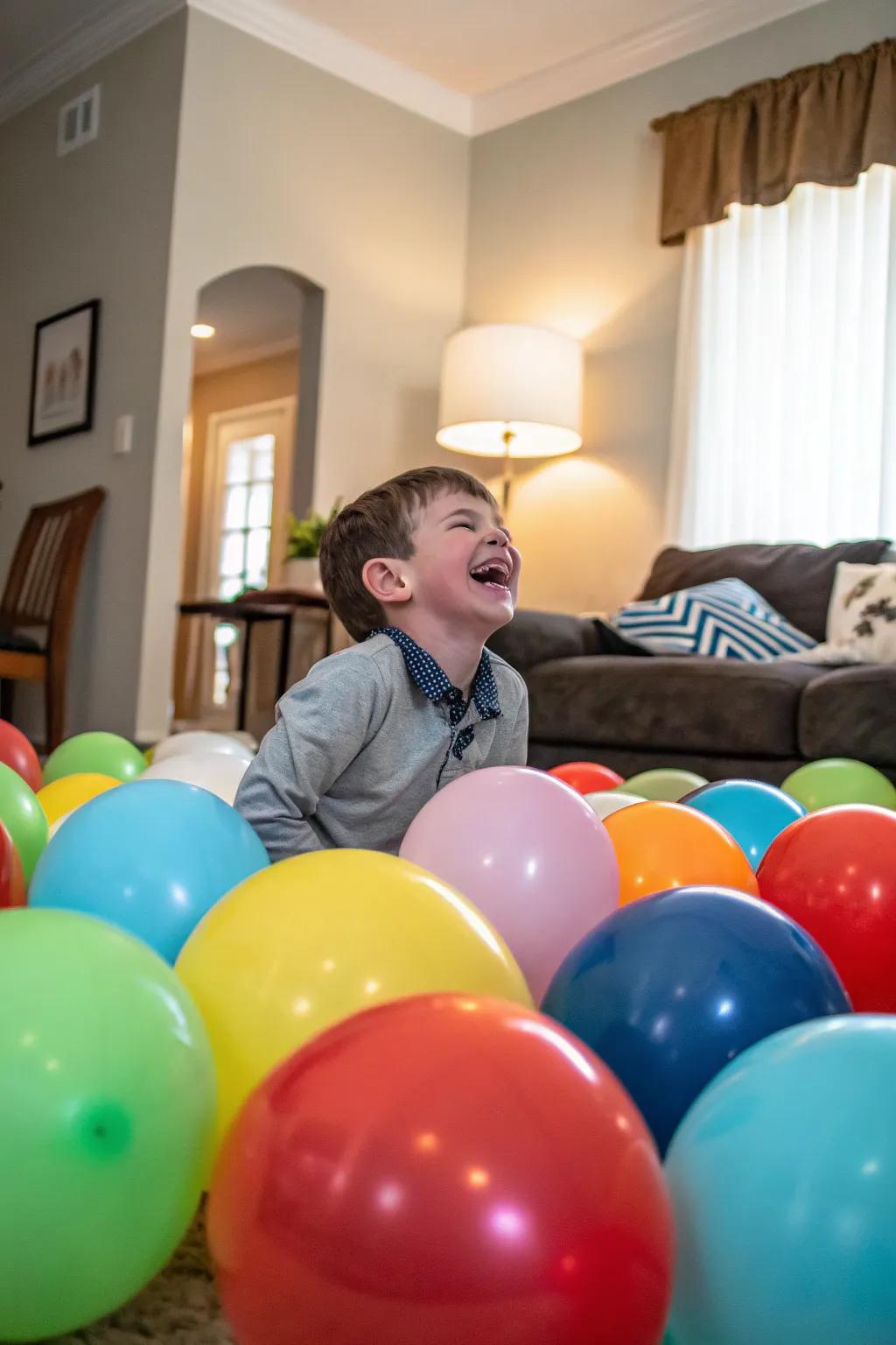 A room full of colorful balloons sets a joyful scene for birthday photos.