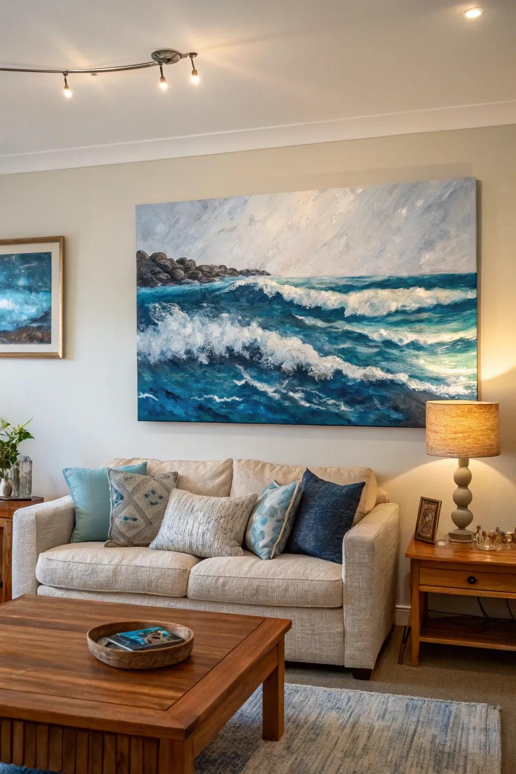 An abstract coastal artwork, bringing the ocean's calm inside