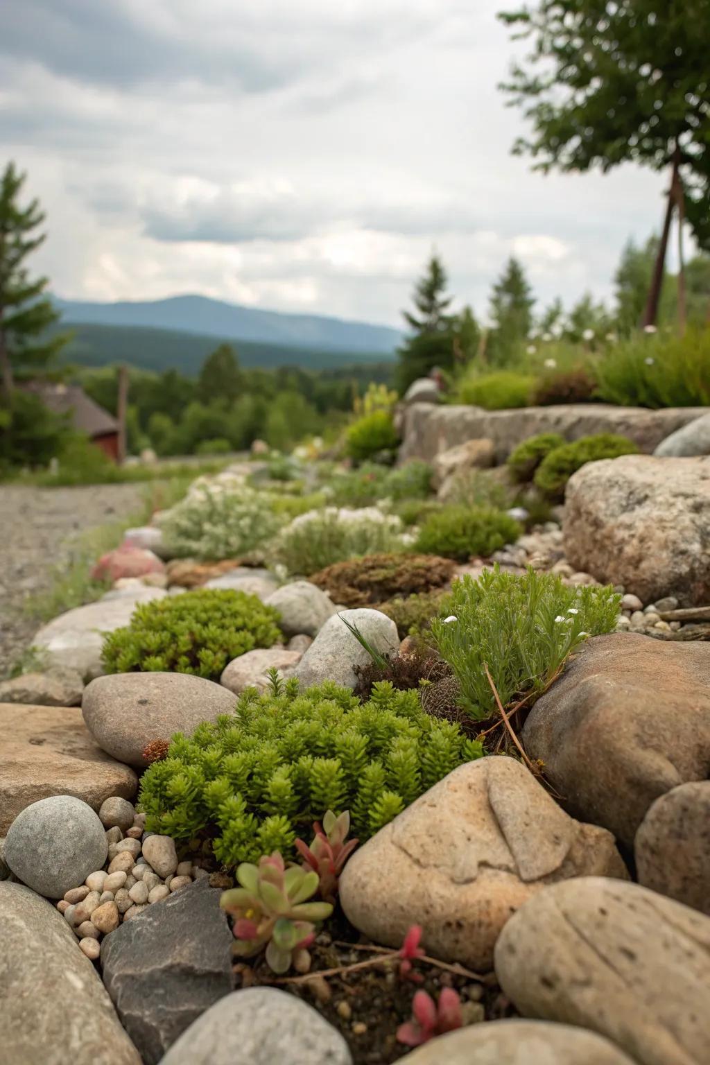 A harmonious rock garden with stones and alpine blooms.