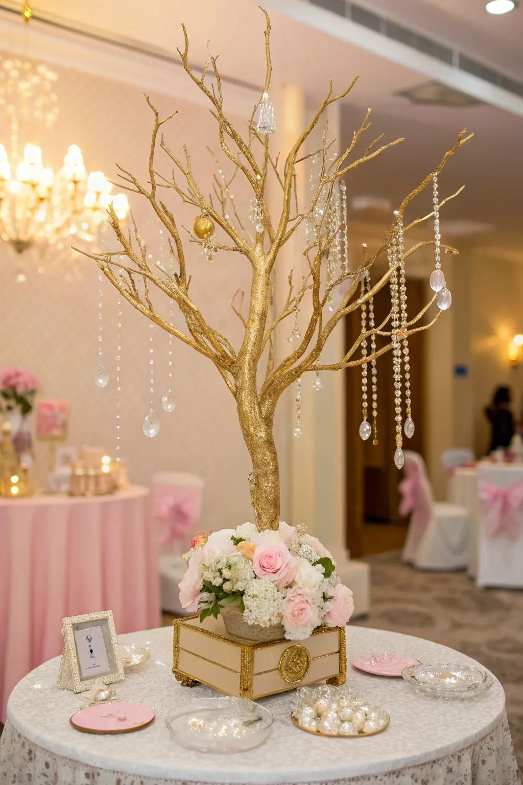 An elegant wishing tree centerpiece with gold branches and crystal beads.