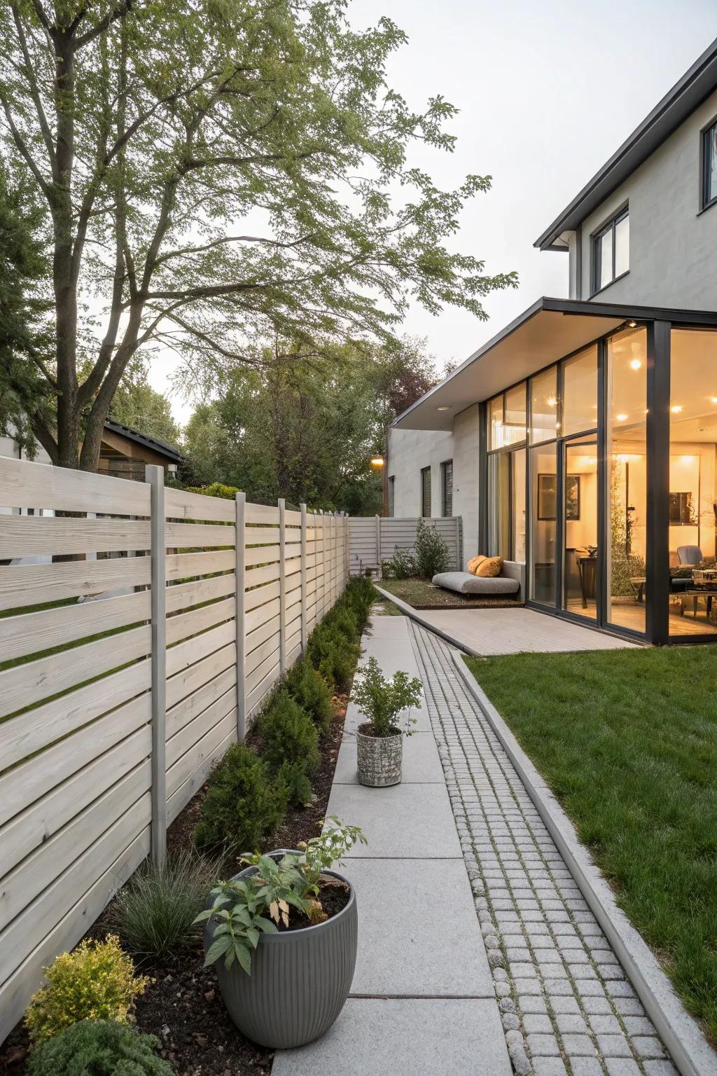 A modern horizontal slat fence creating a sleek look.