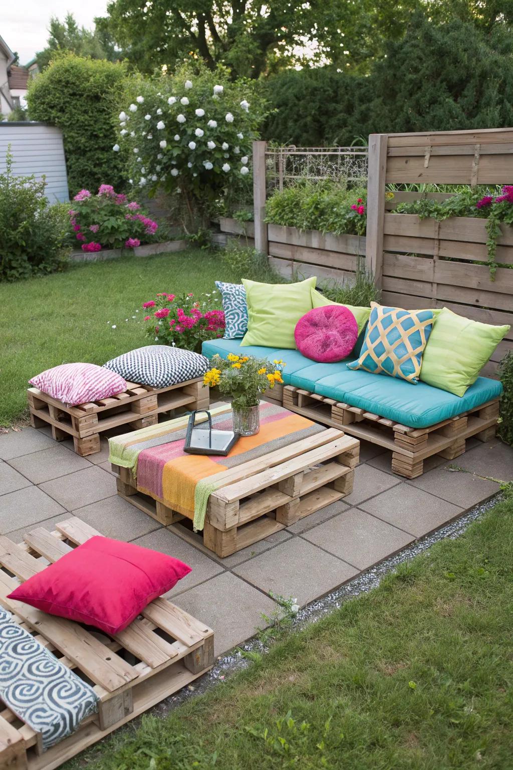 DIY seating area crafted from pallets, bringing charm and comfort.