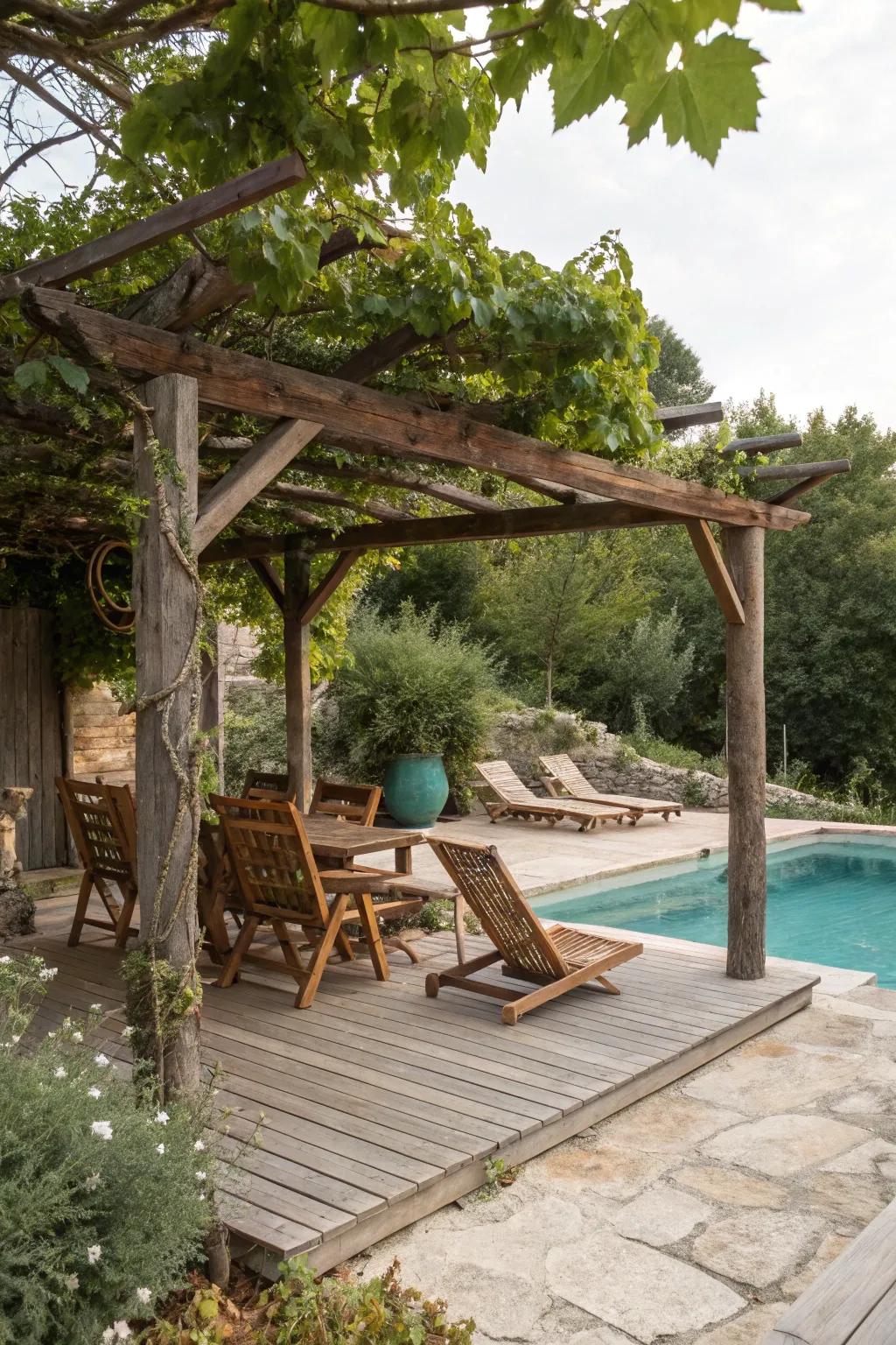 Rustic wooden pergola creates a warm and inviting poolside.