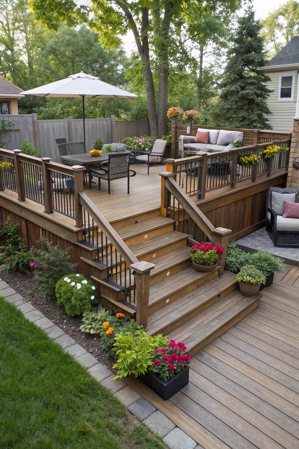 A multi-level deck adds dimension and character to any small backyard.