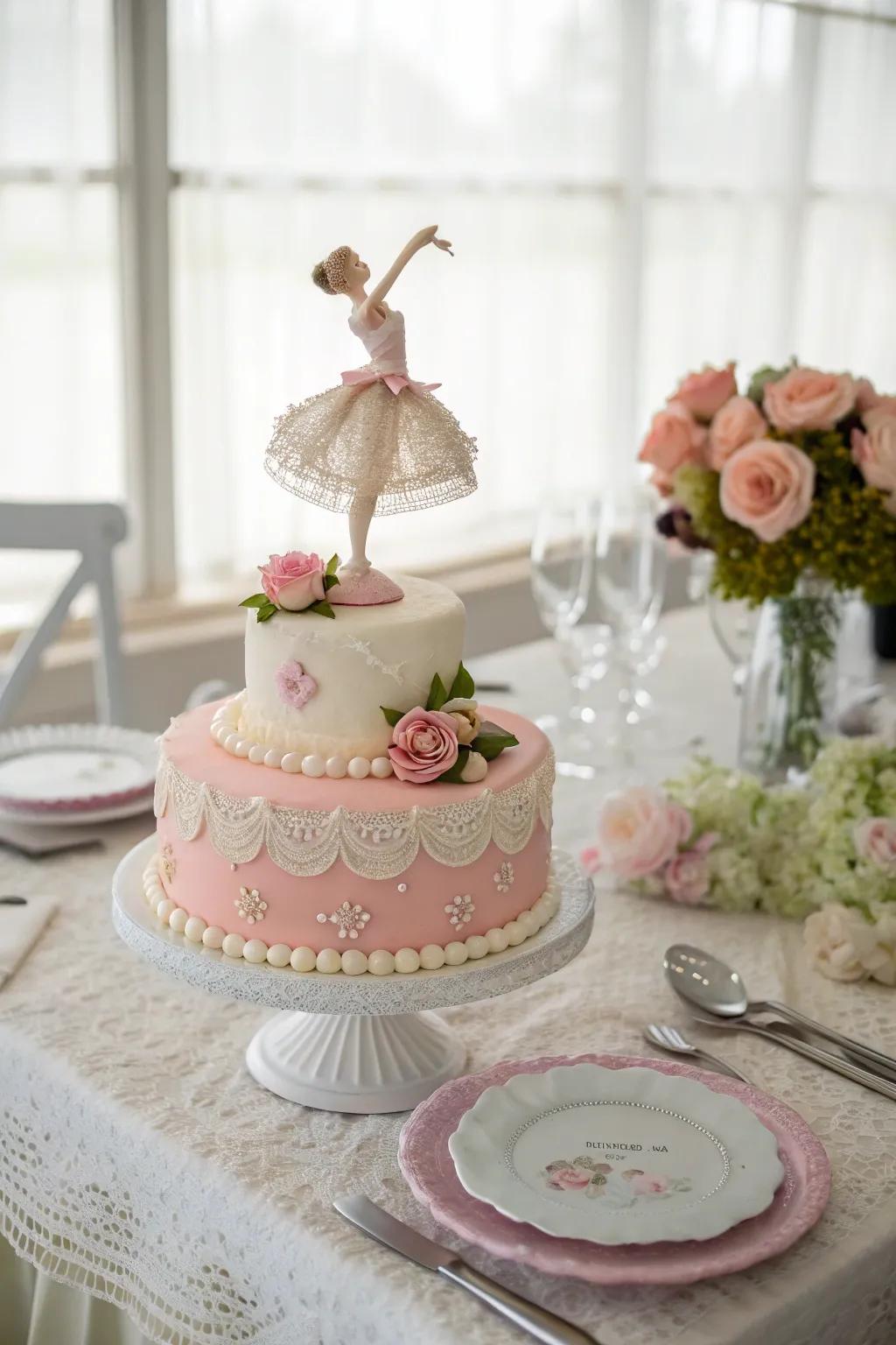 A cake adorned with a graceful ballerina figurine, a delight for dance enthusiasts.