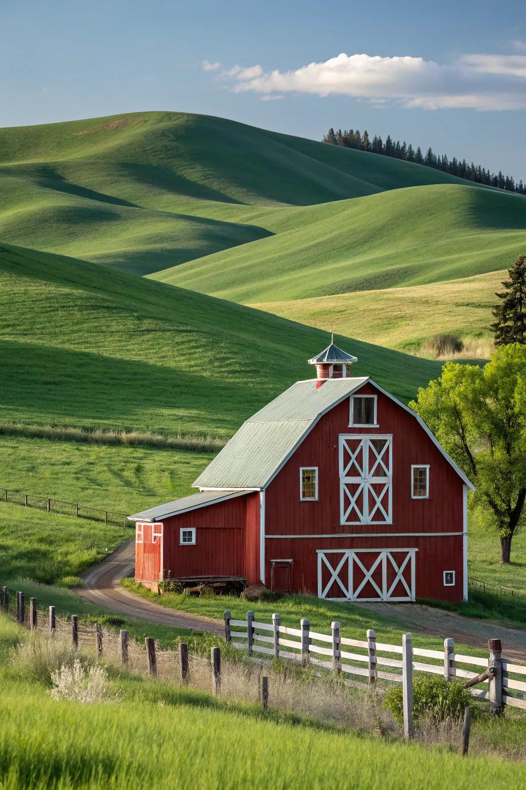 A traditional red barn with white trim, blending perfectly with its natural surroundings.