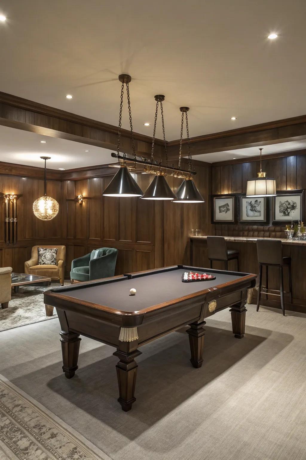 A billiards table infuses timeless grace into your recreational area.