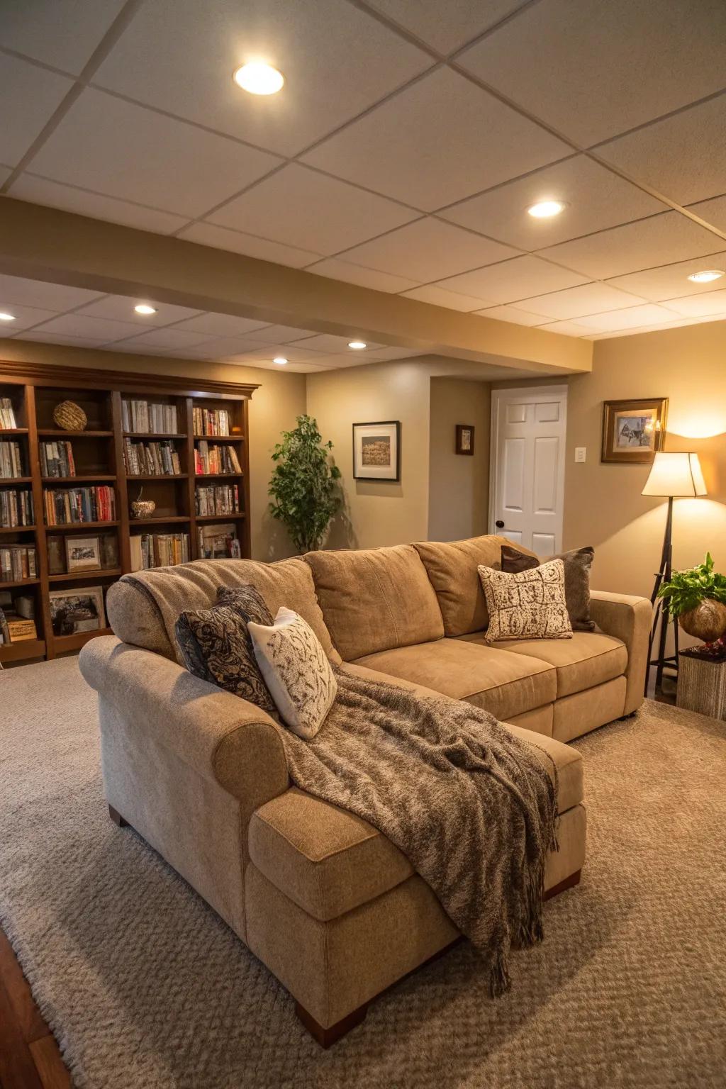 A cozy basement lounge with a sectional sofa and inviting lighting.