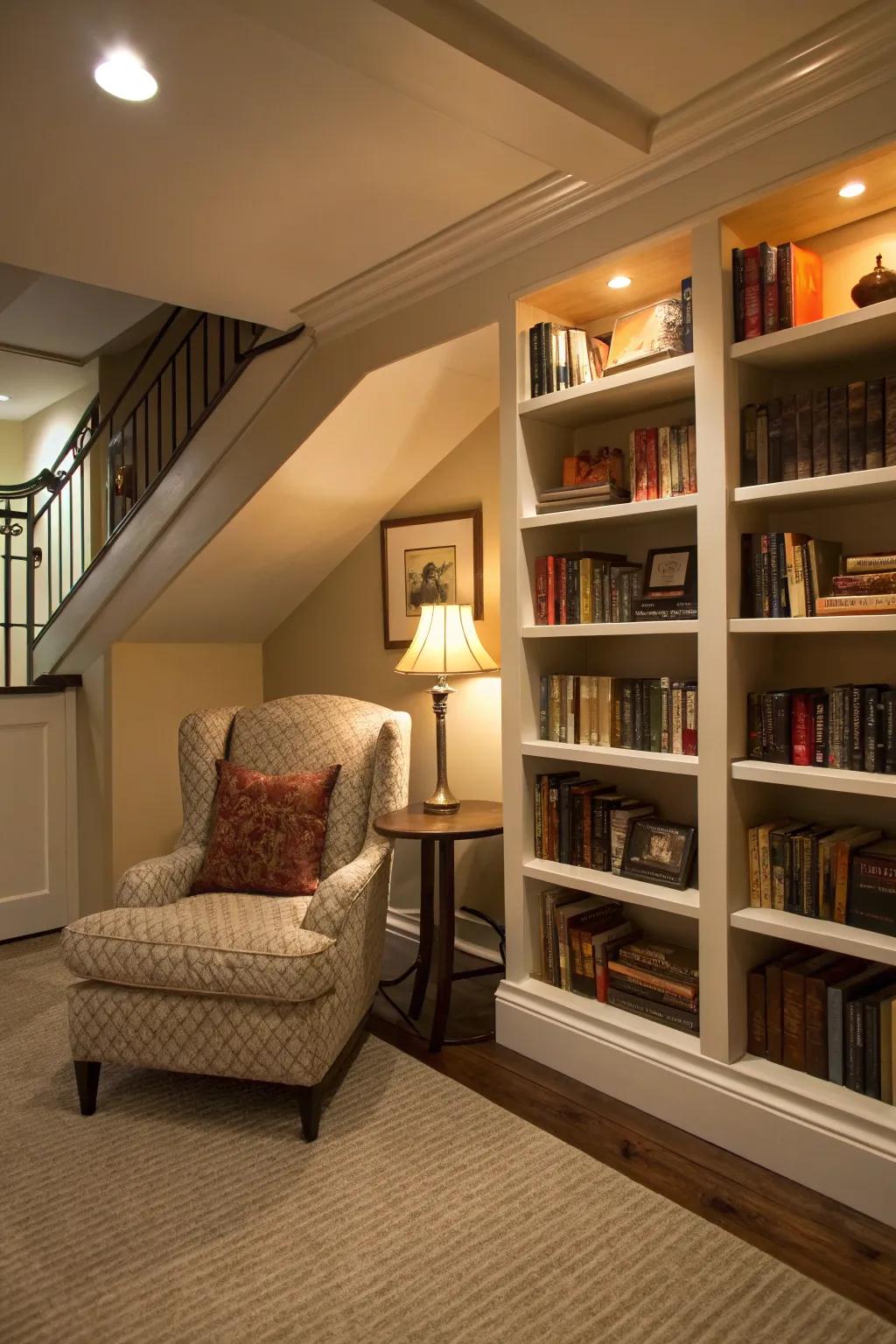 A cozy reading nook in a basement with built-in bookshelves and warm lighting.