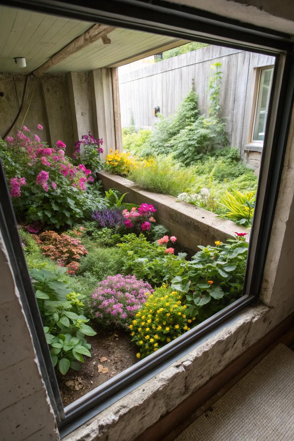 A captivating mini garden nestled in a basement window well, bursting with color and vitality.
