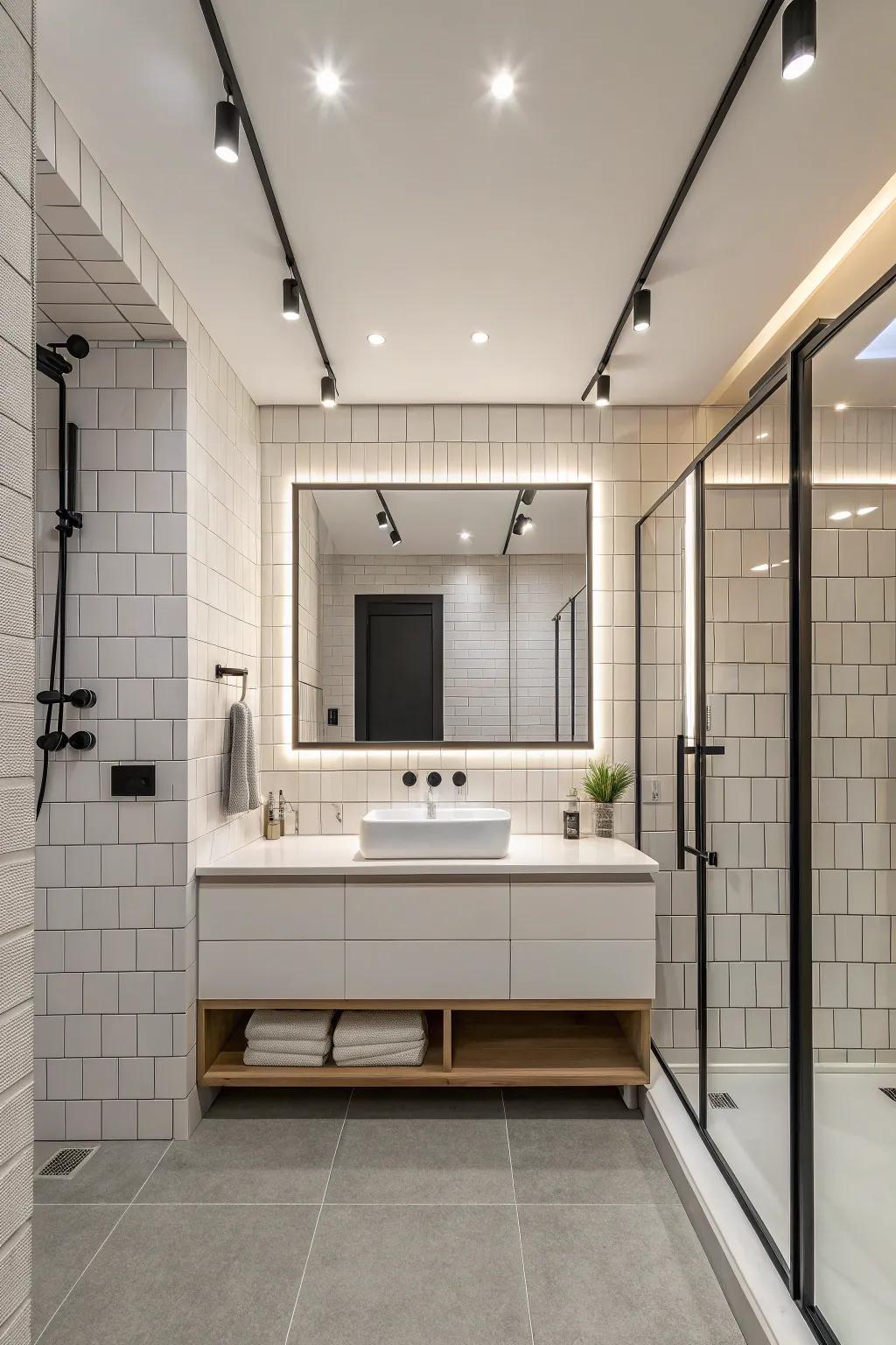 Straight track lighting ideally suits a minimalist bathroom.