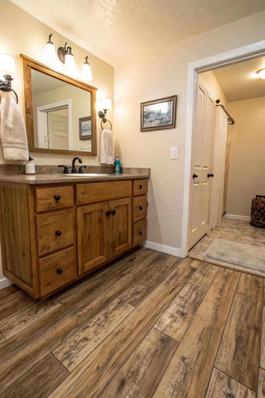 Vinyl flooring that mimics rustic wood adds a cozy vibe to this bathroom.