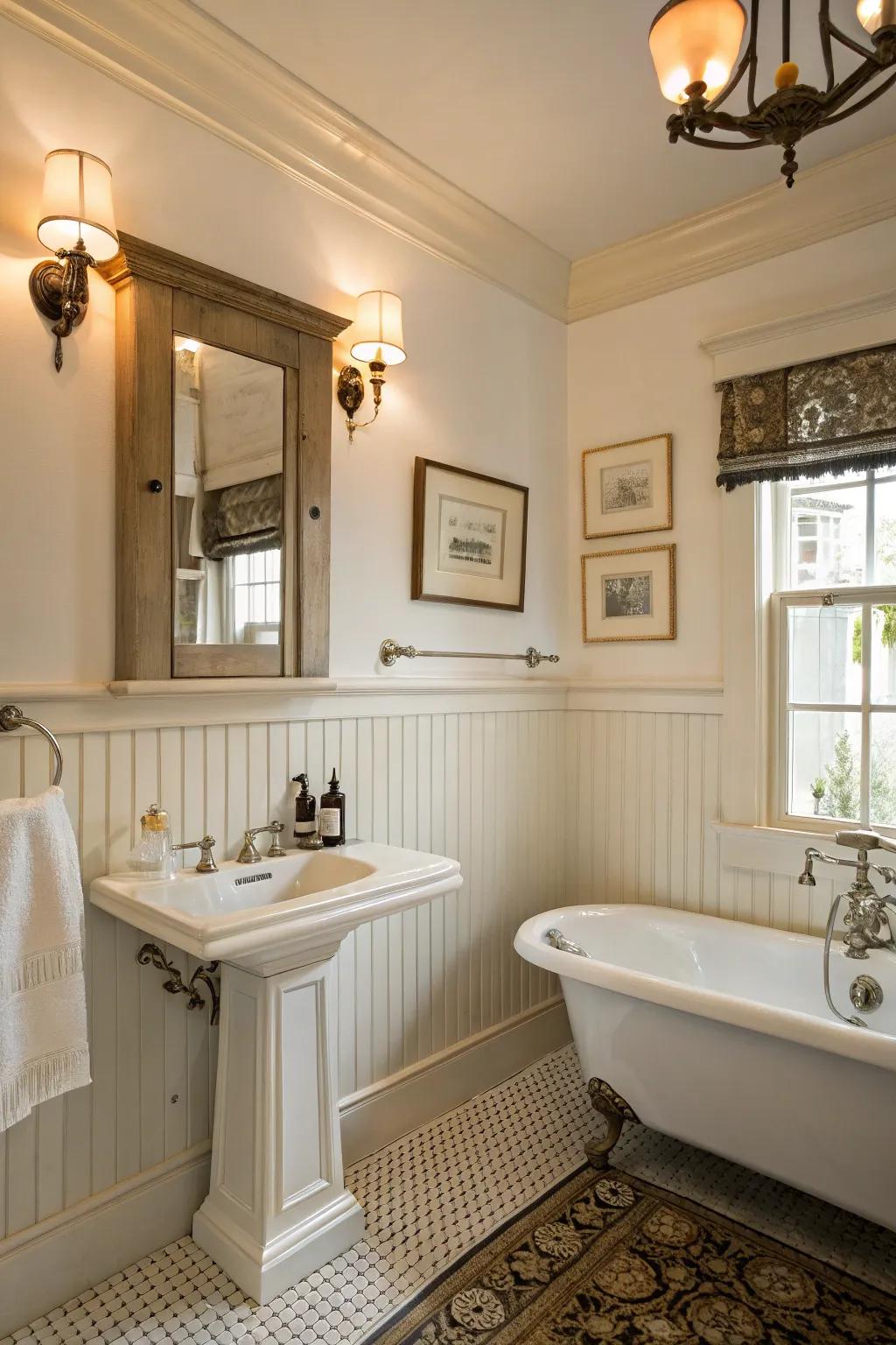 Classic wainscoting creates timeless elegance in this bathroom.