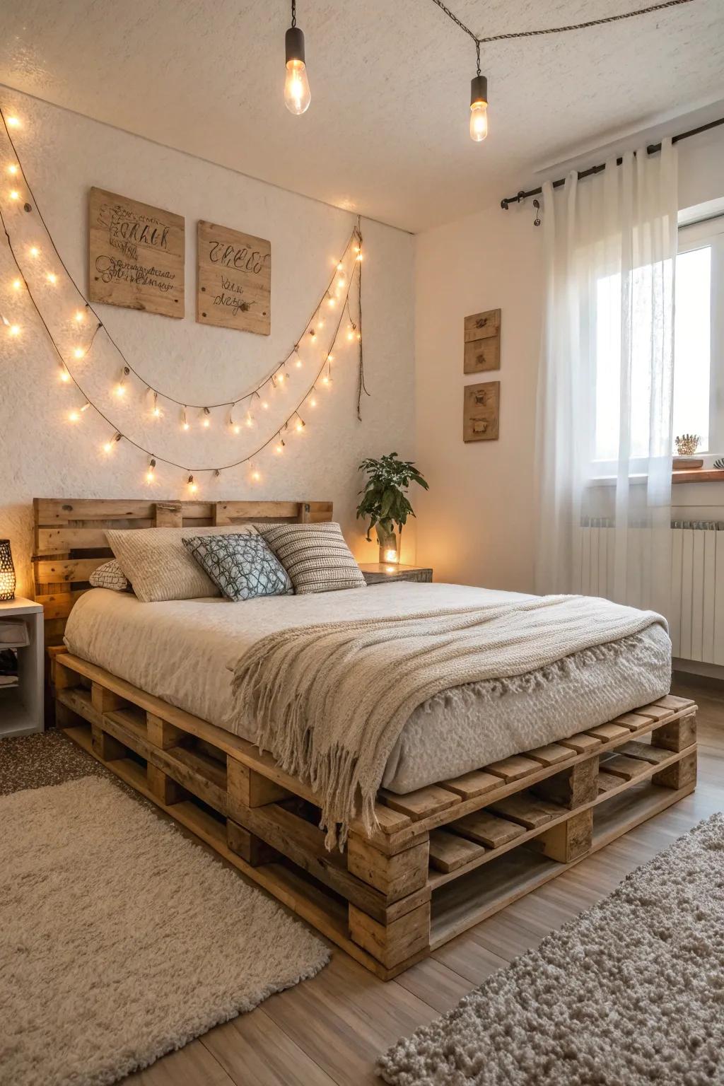 A rustic pallet bed frame brings warmth and character to any bedroom.