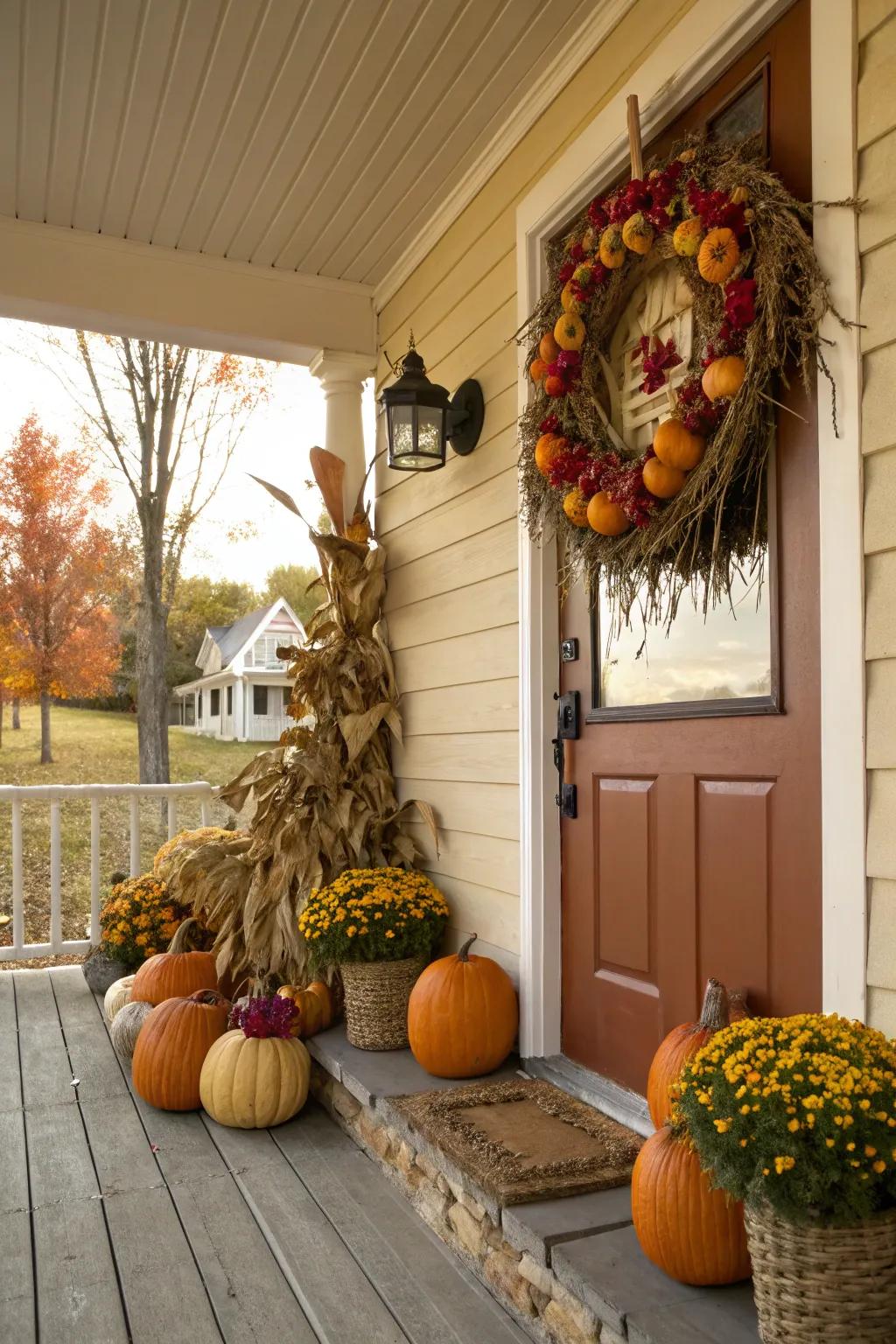 Welcome guests with a festive porch full of pumpkins and autumnal charm.