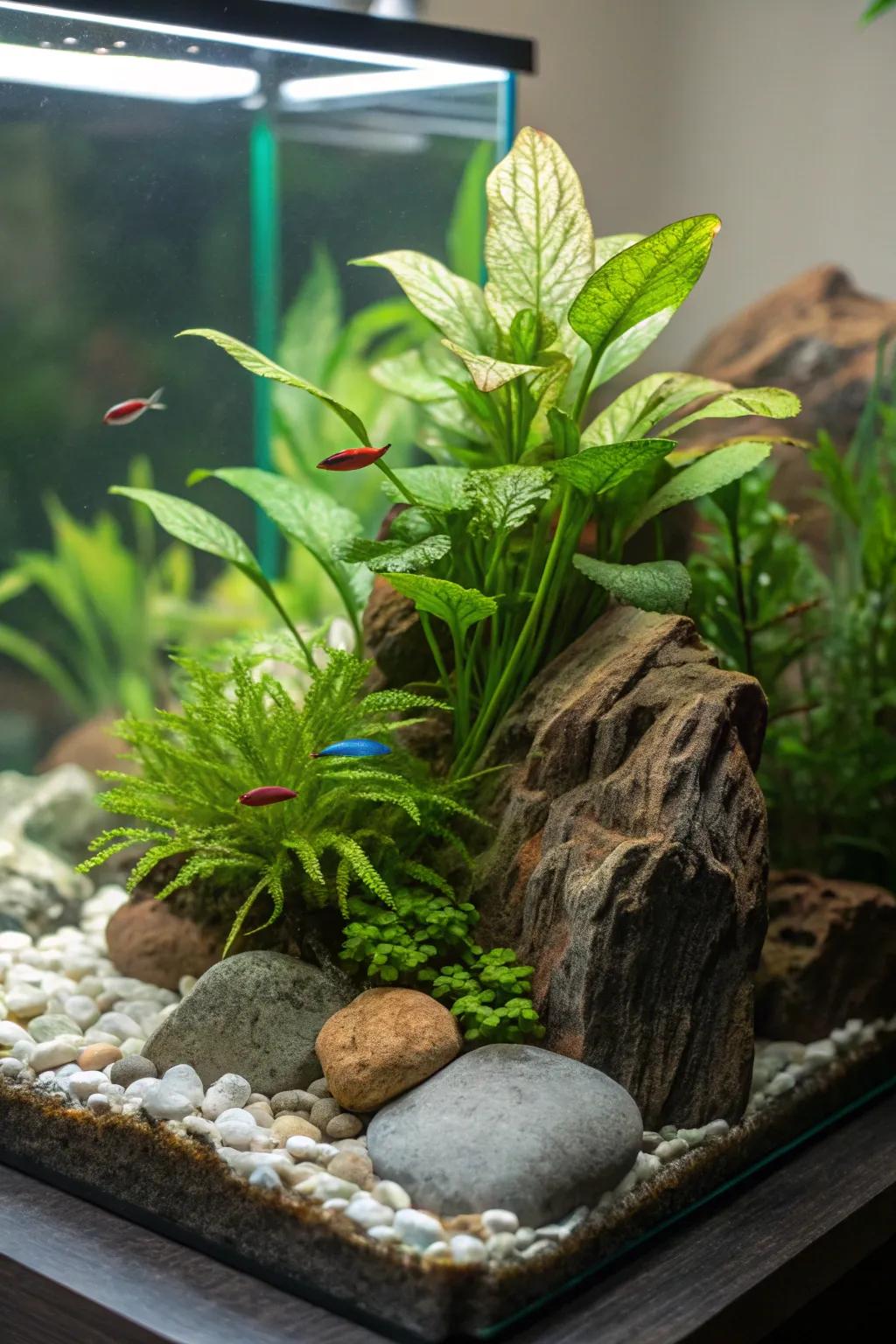 A lively water garden filled with real plants is ideal for your betta.