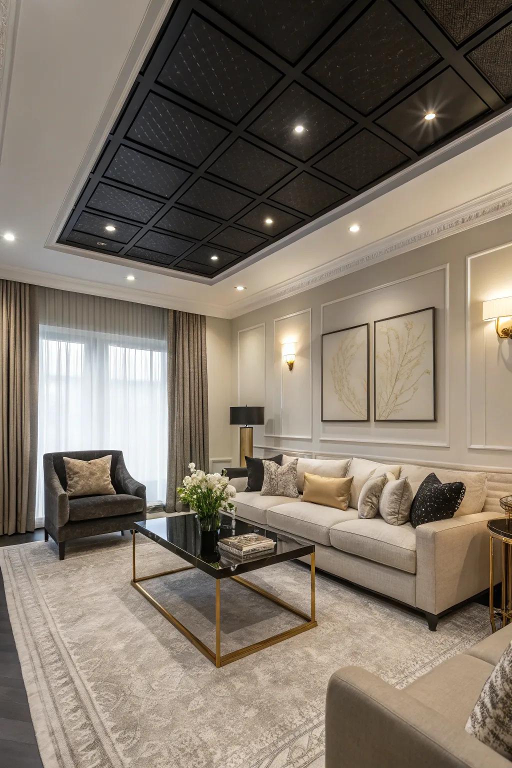 A stylish living room featuring a black ceiling that oozes elegance.