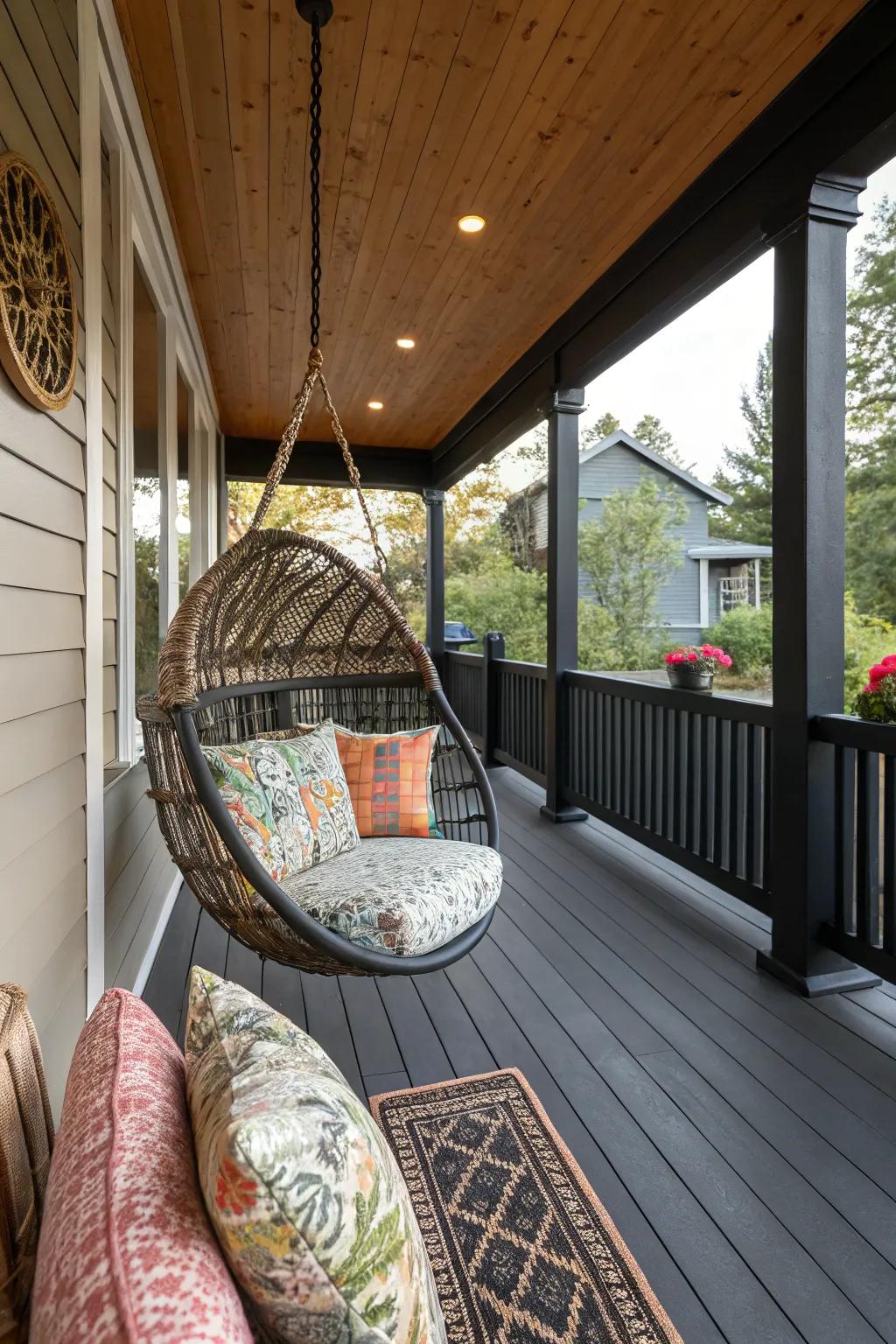 A cozy seating nook on a black porch, featuring a hanging chair and vibrant cushions.