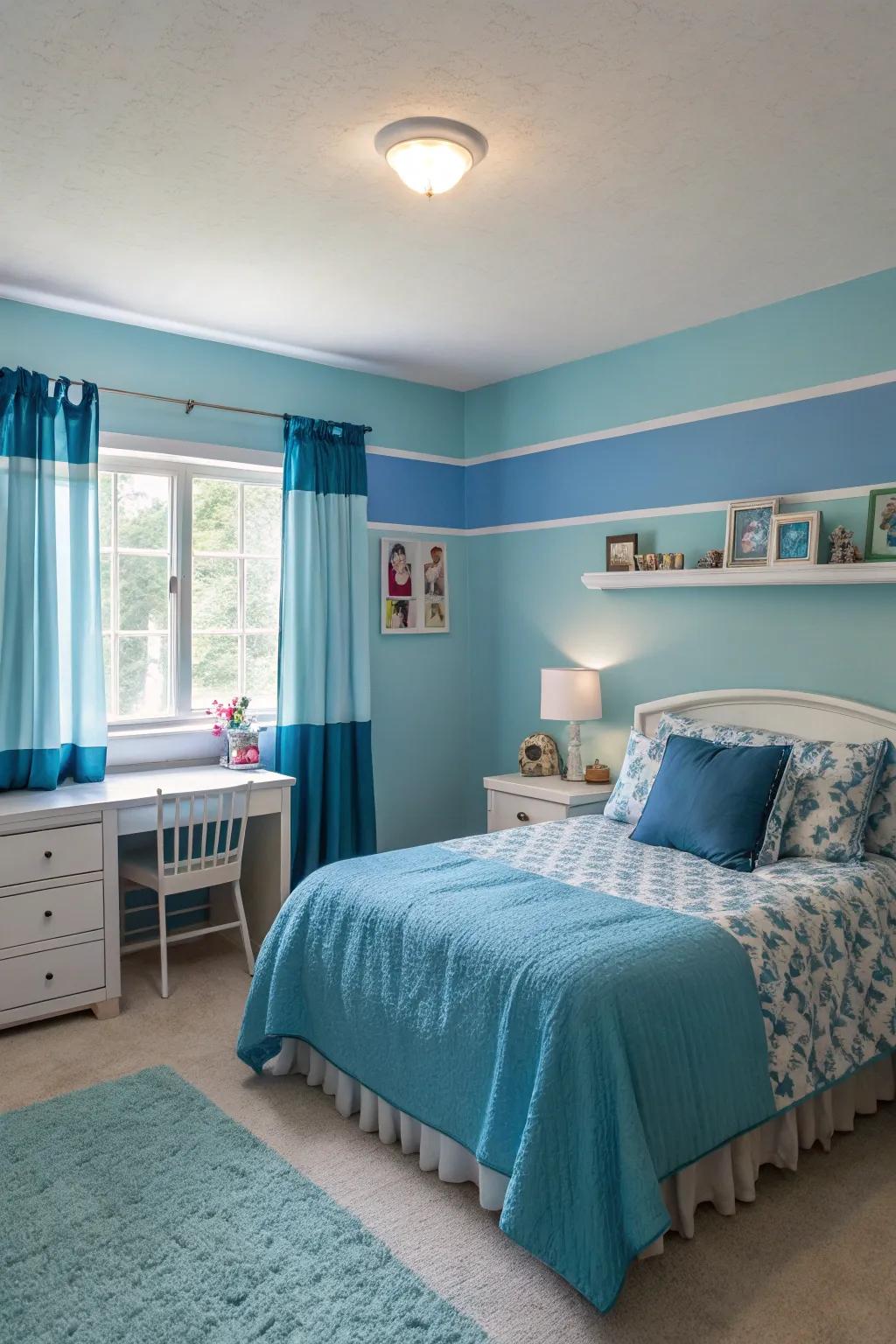 Layering shades of blue adds depth and visual interest to a girl's bedroom.