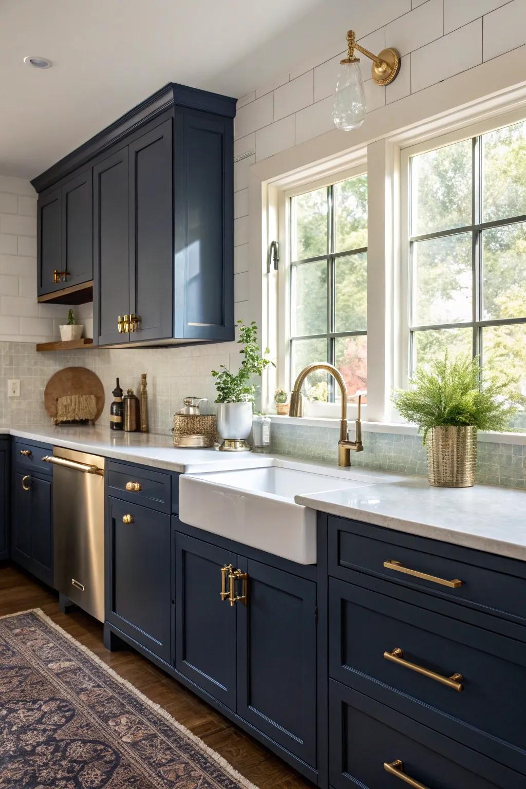 Refined deep blue cabinets enhanced with copper hardware for a lavish appearance.