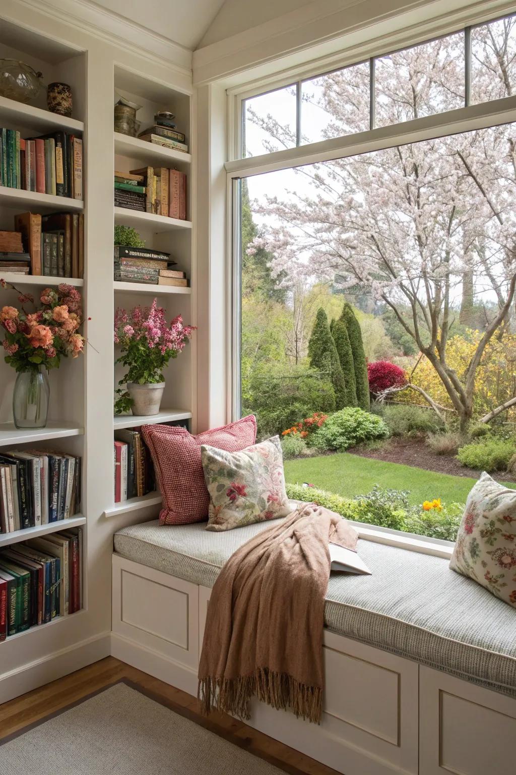 A window seat reading nook that combines comfort and natural beauty.