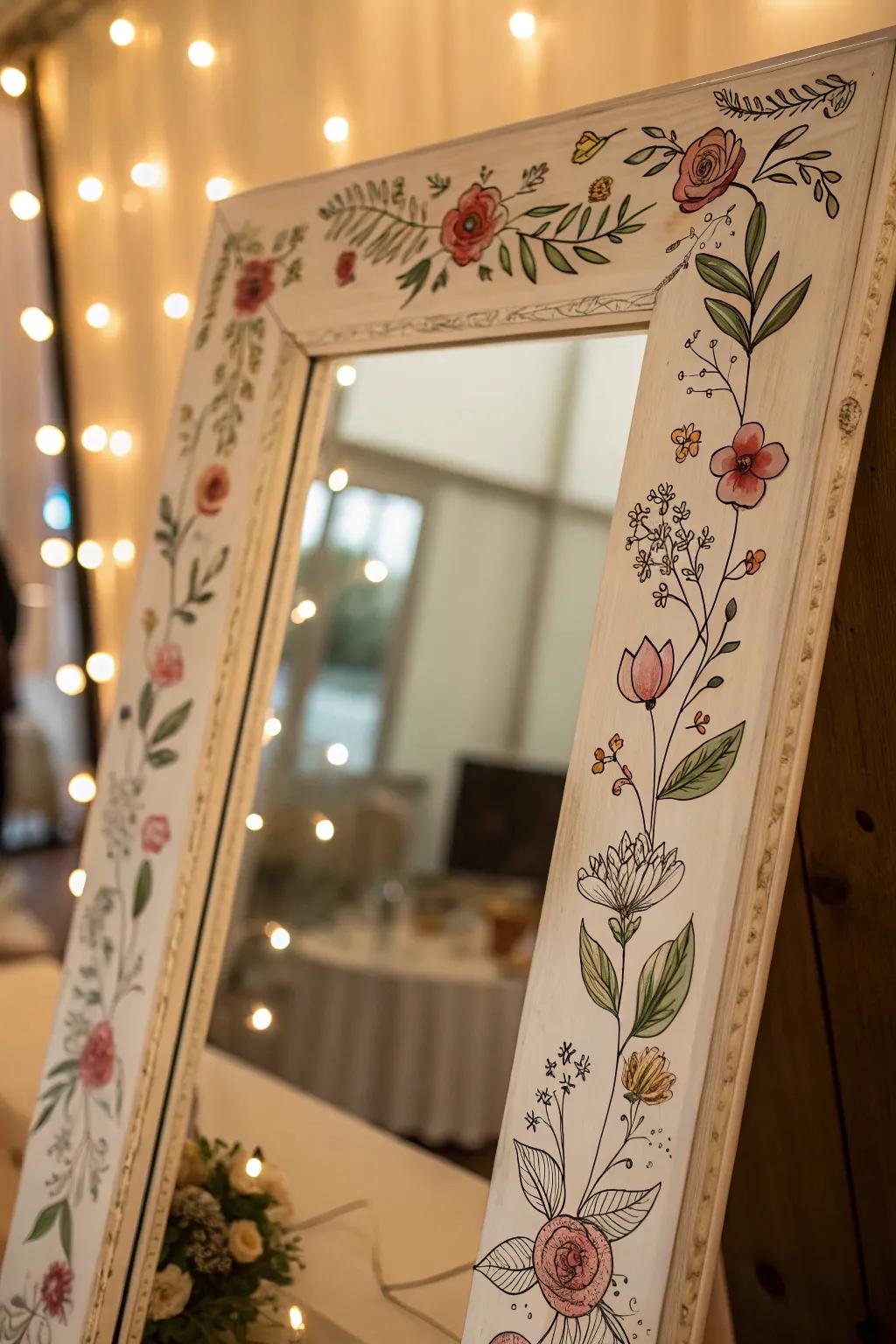 Floral borders that look hand-drawn add a whimsical feel to any mirror.