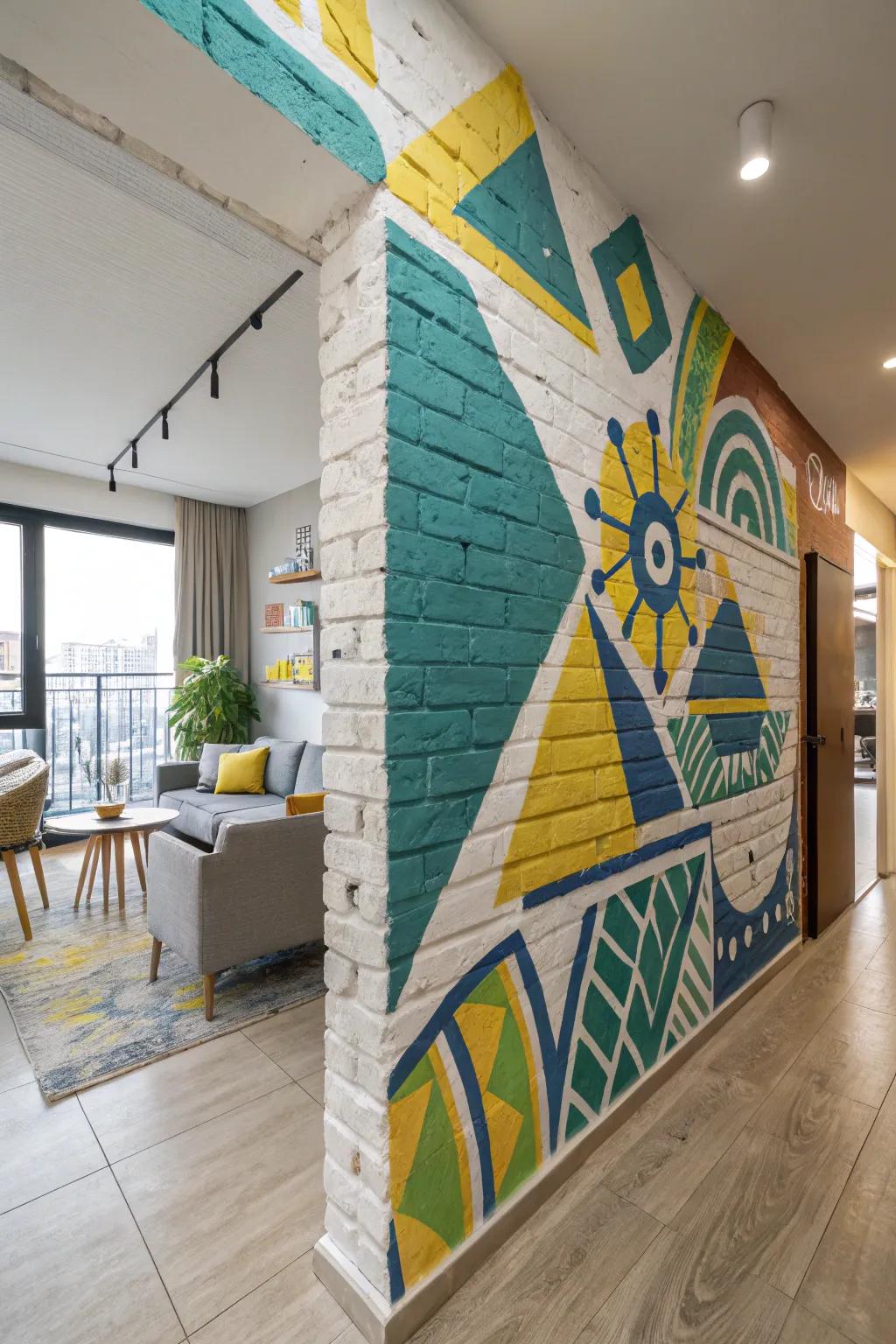 A vibrant abstract mural gives energy to a contemporary brick wall.