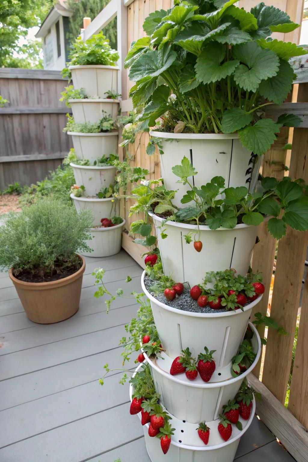A charming vertical bucket tower brimming with strawberries and aromatic herbs.