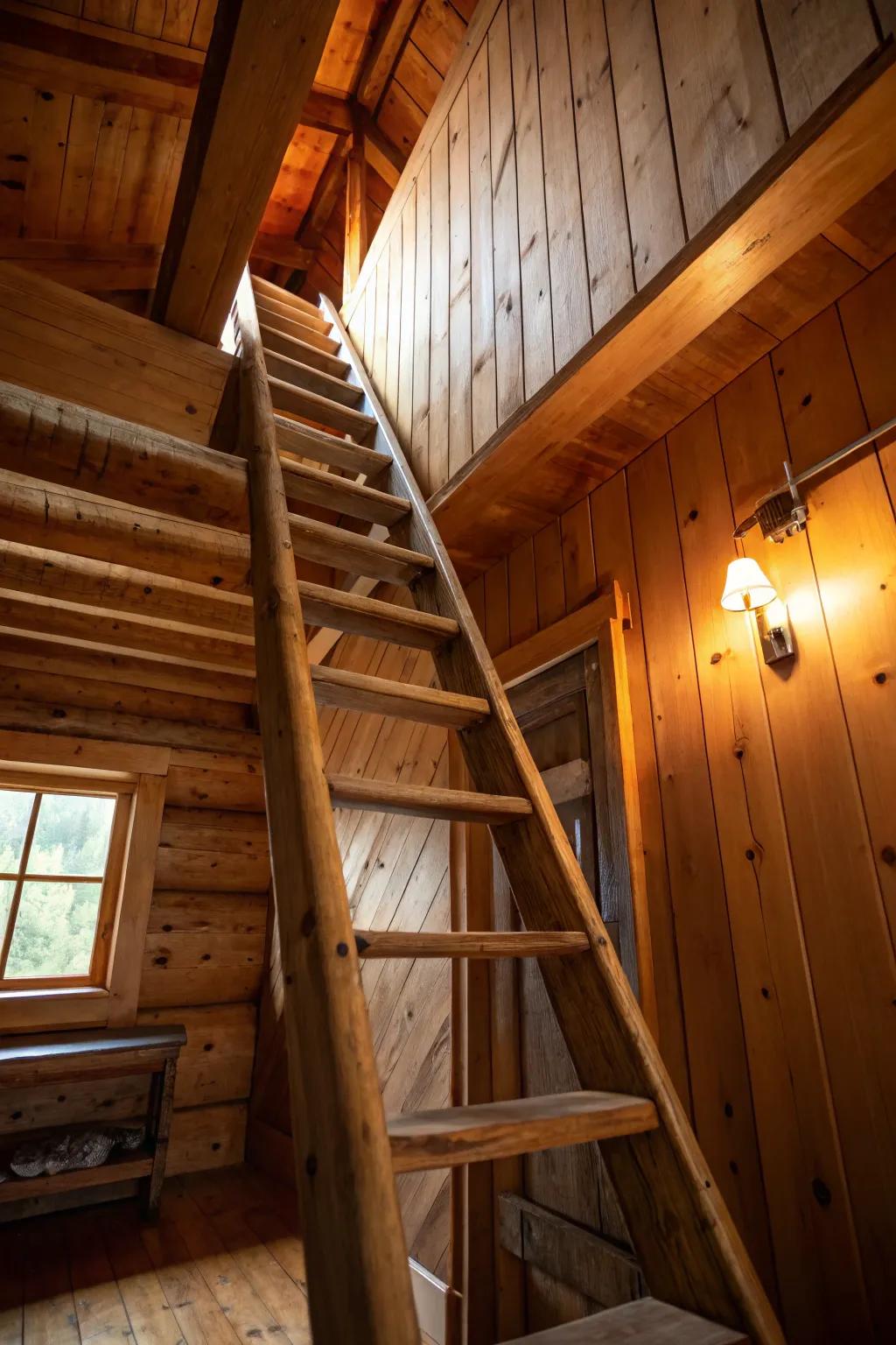 A timeless classic wooden ladder, perfect for adding rustic charm to your cabin loft.