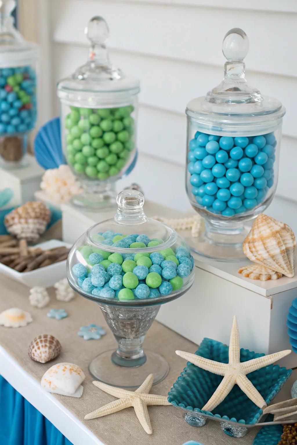 A coastal-themed candy bar that evokes the serene beauty of the beach.