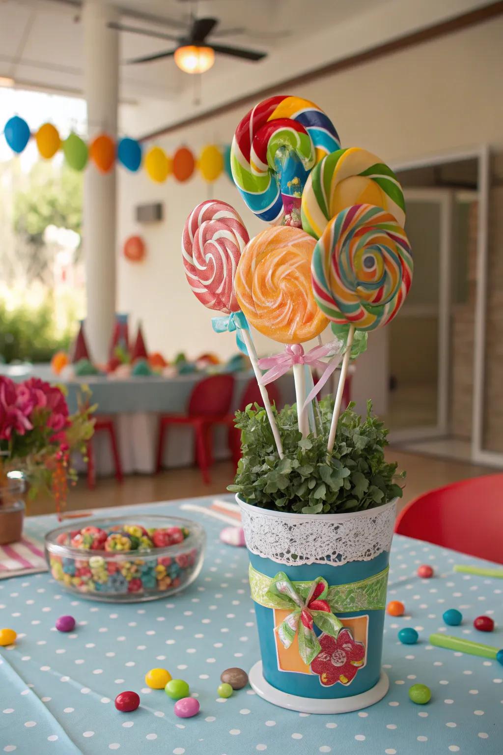 Giant lollipops in a decorative pot create a memorable centerpiece.