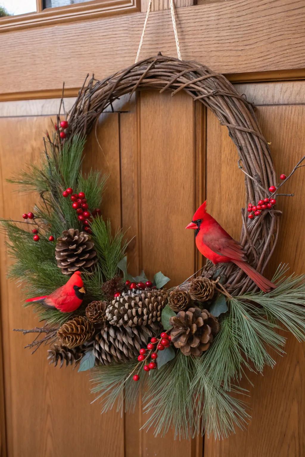 A timeless cardinal wreath radiating rustic charm.