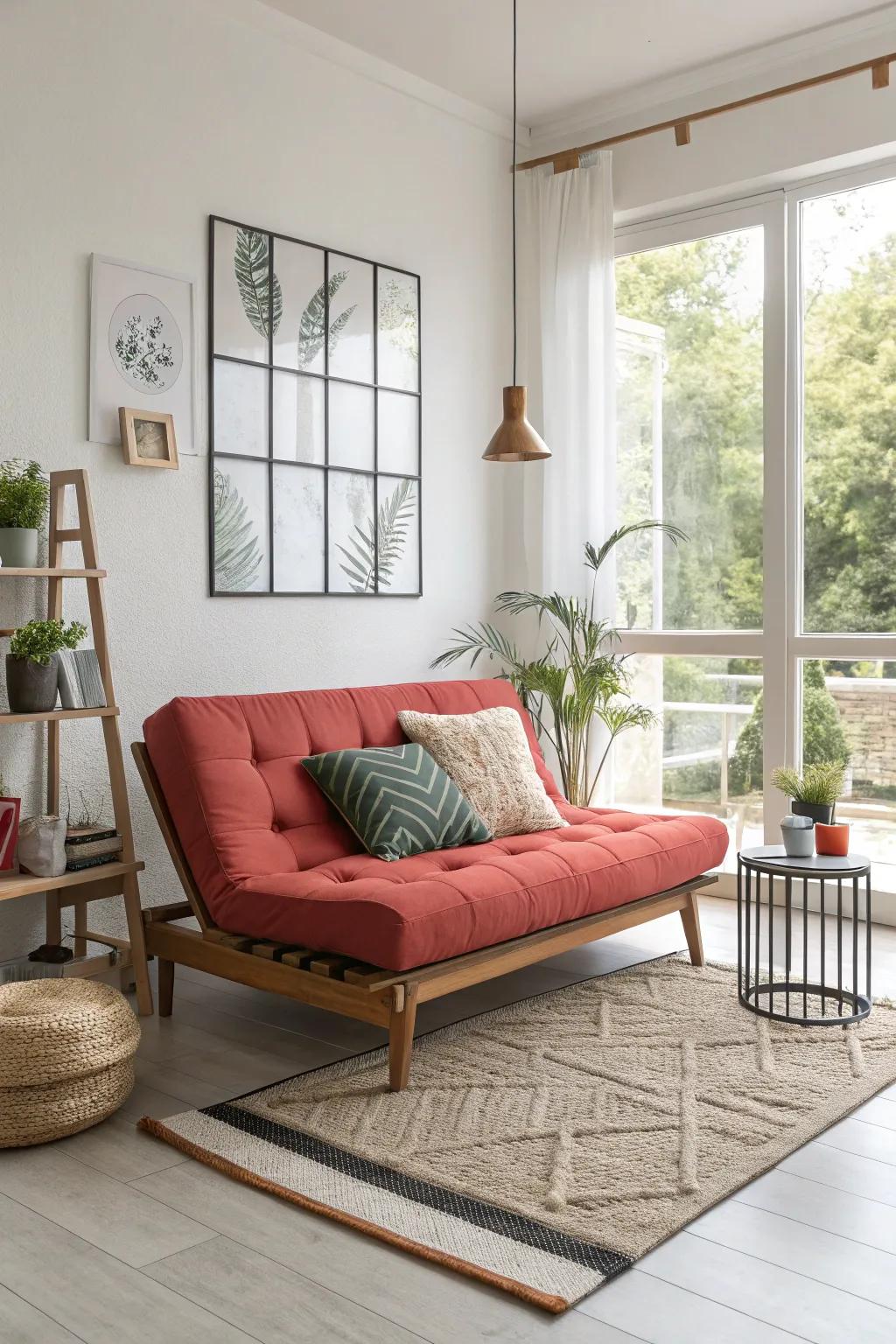 An adaptable futon introduces a burst of hues and practicality to any setting.