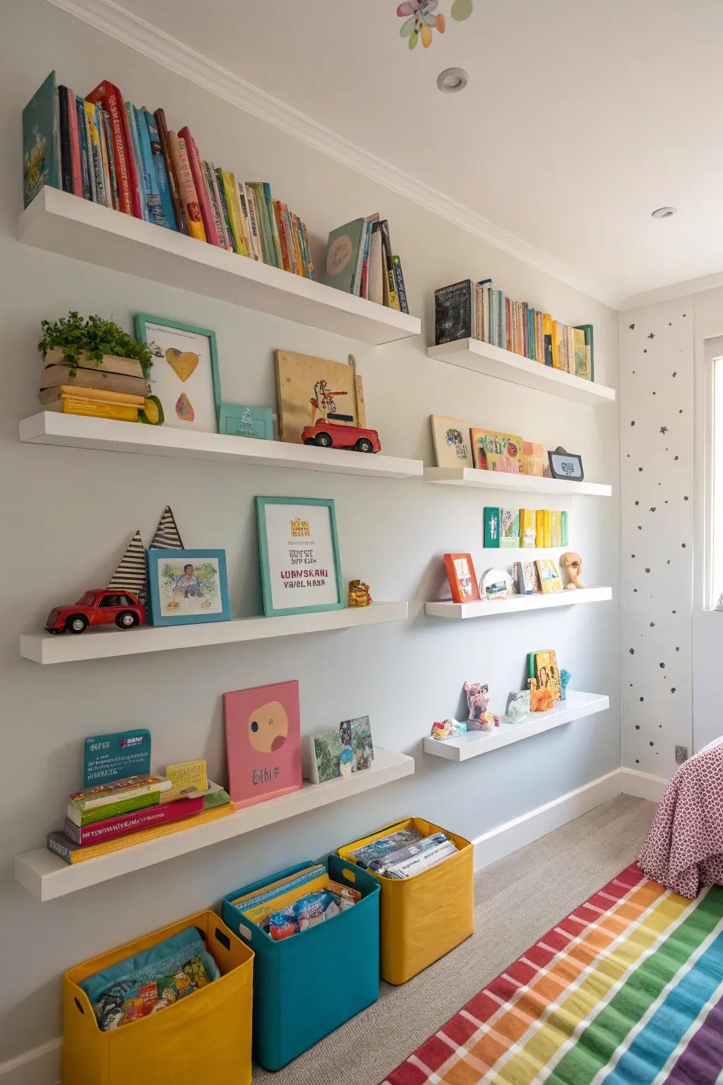 Radiant floating shelves bring brightness and order.