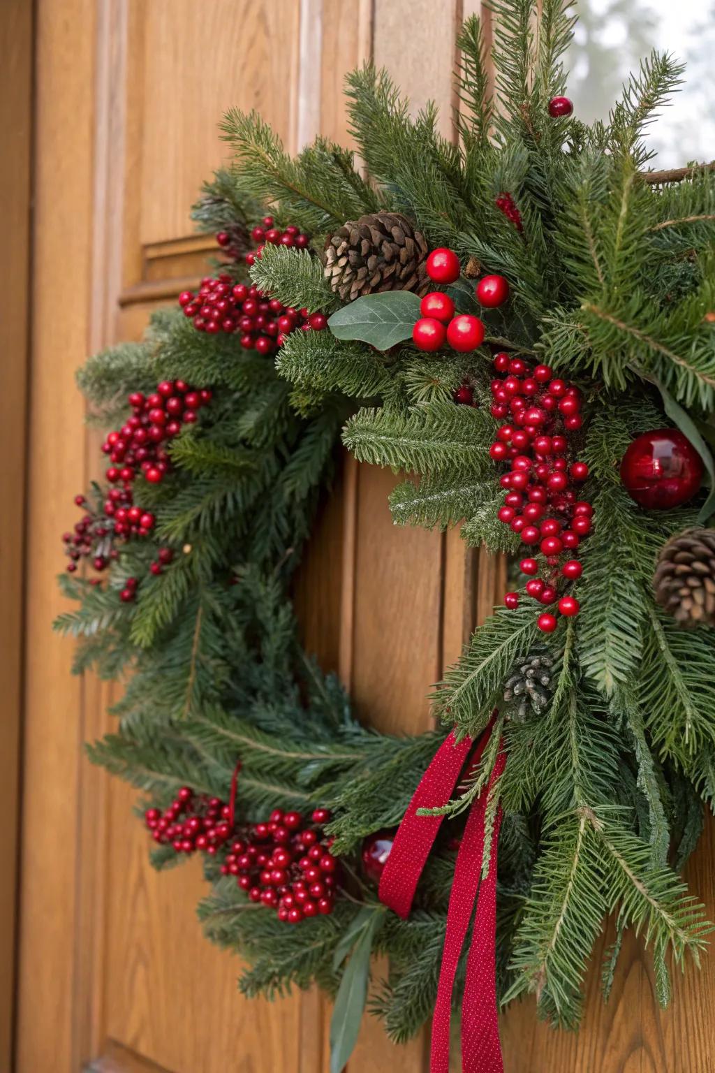 A traditional Christmas wreath featuring pine sprigs and scarlet berries.