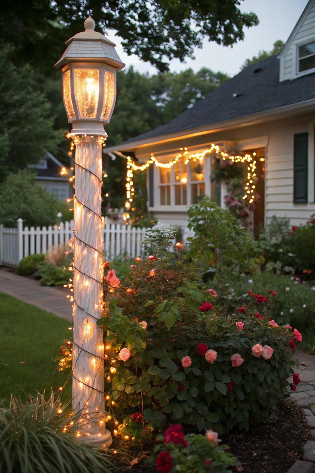 A lamp post wrapped in dazzling Christmas lights.