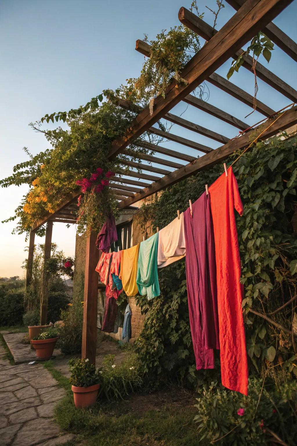 A wooden trellis clothesline seamlessly combines practicality and the beauty of nature.