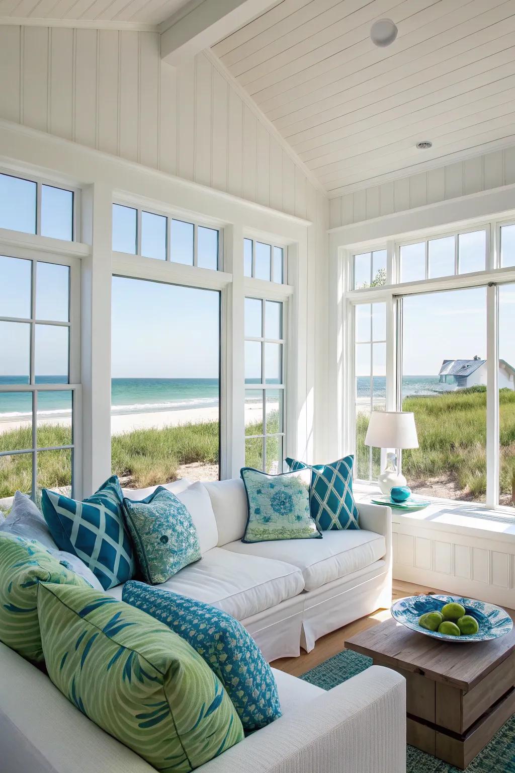 A light and airy living room with a soft coastal color palette.