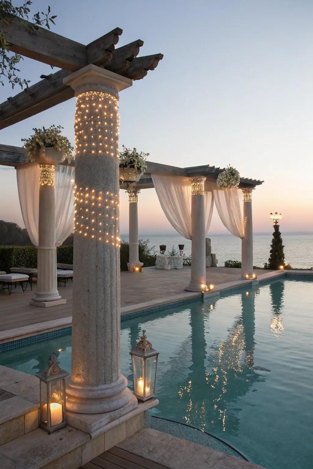 Design a resort-like experience with poolside column lighting.