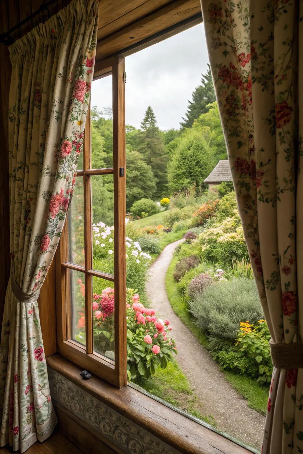 Curtains featuring floral prints introduce a delightful garden-inspired touch to your cottage decor.