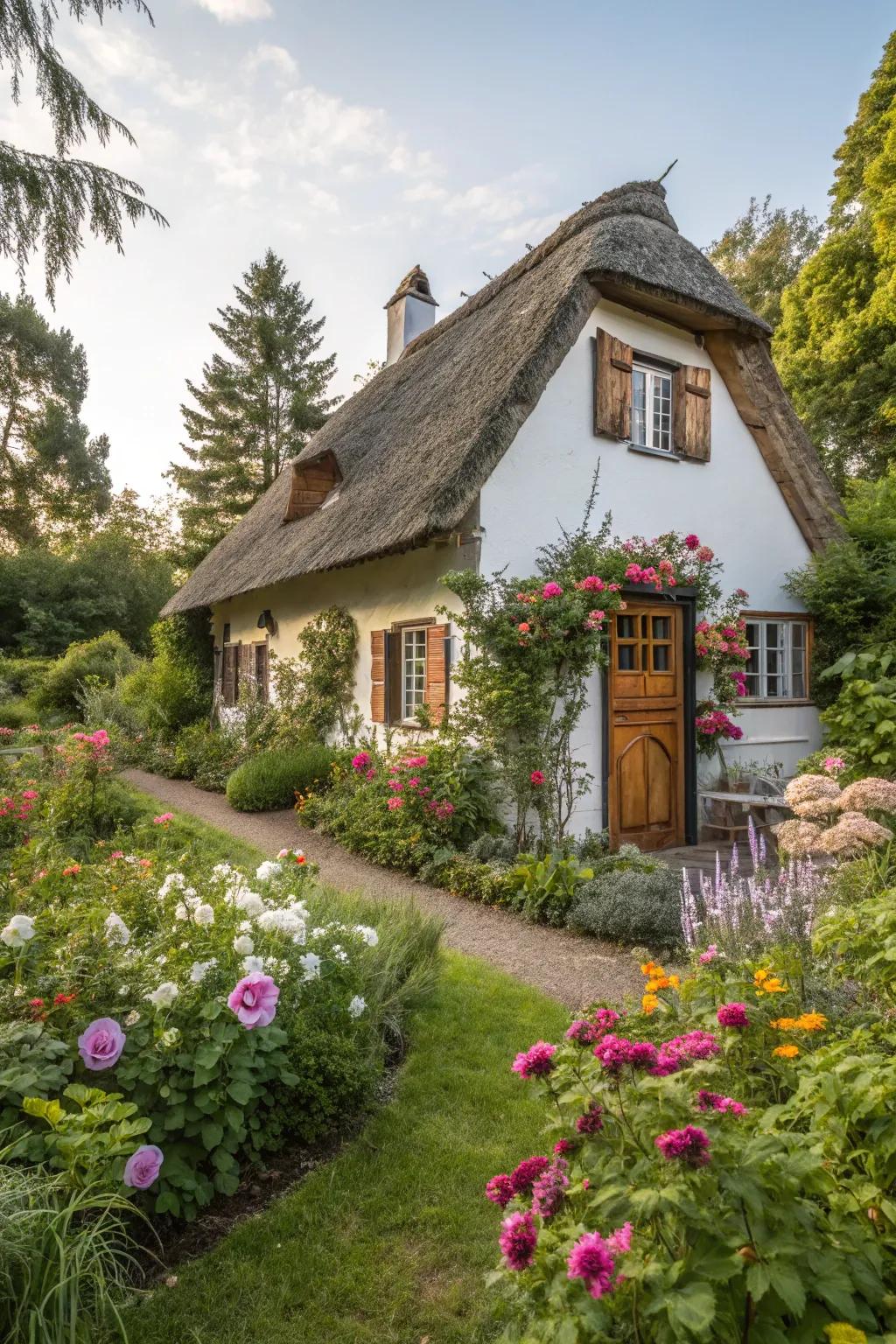 A vibrant garden infuses life and allure into any cottage façade.