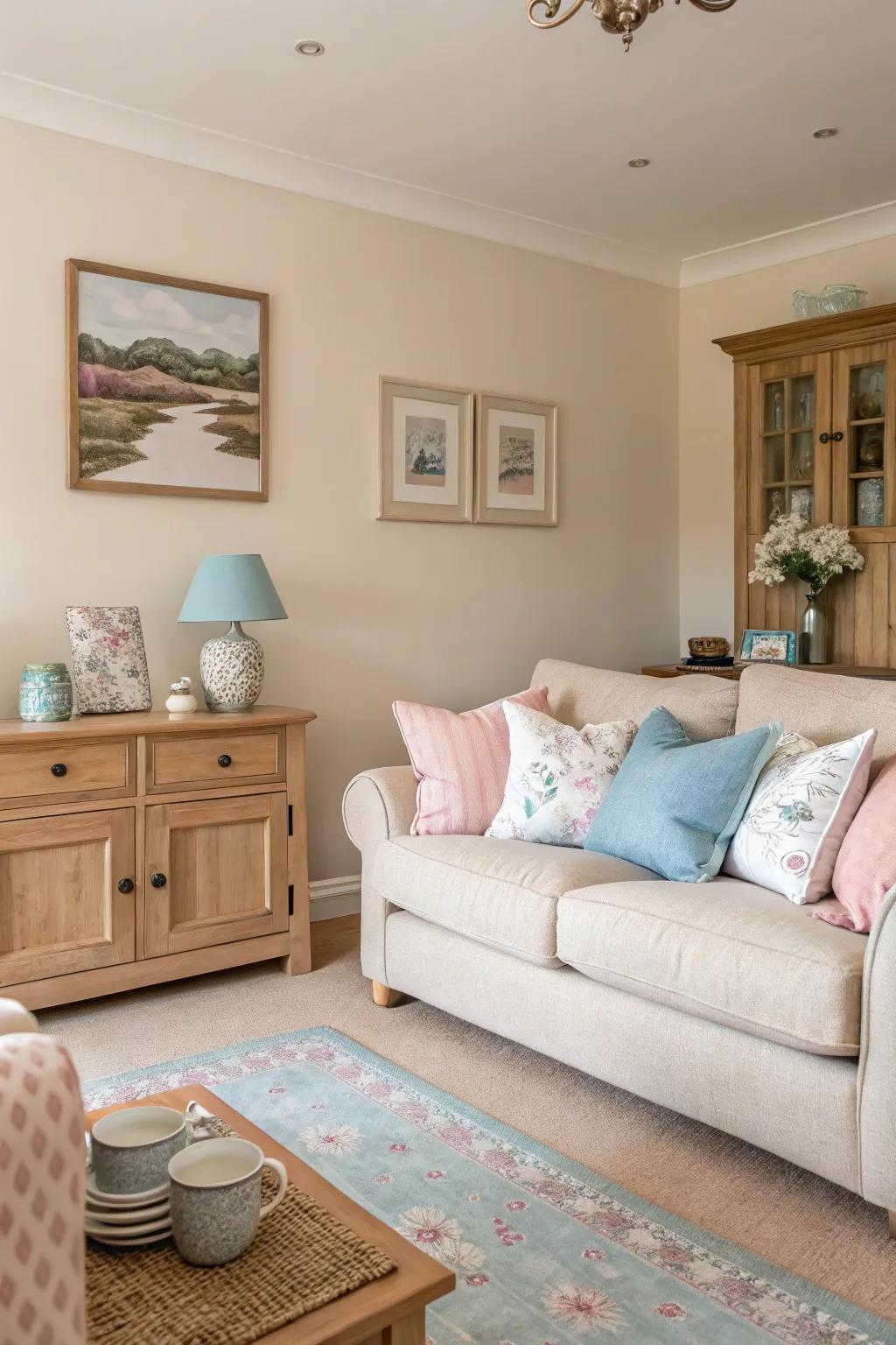 A living room designed with a gentle palette of pastel and neutral colors.