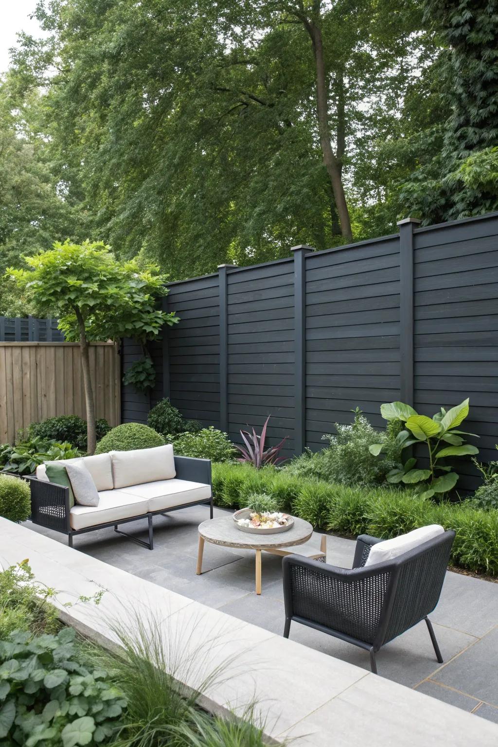 A minimalist garden features a dark grey fence with clean lines and modern furniture.