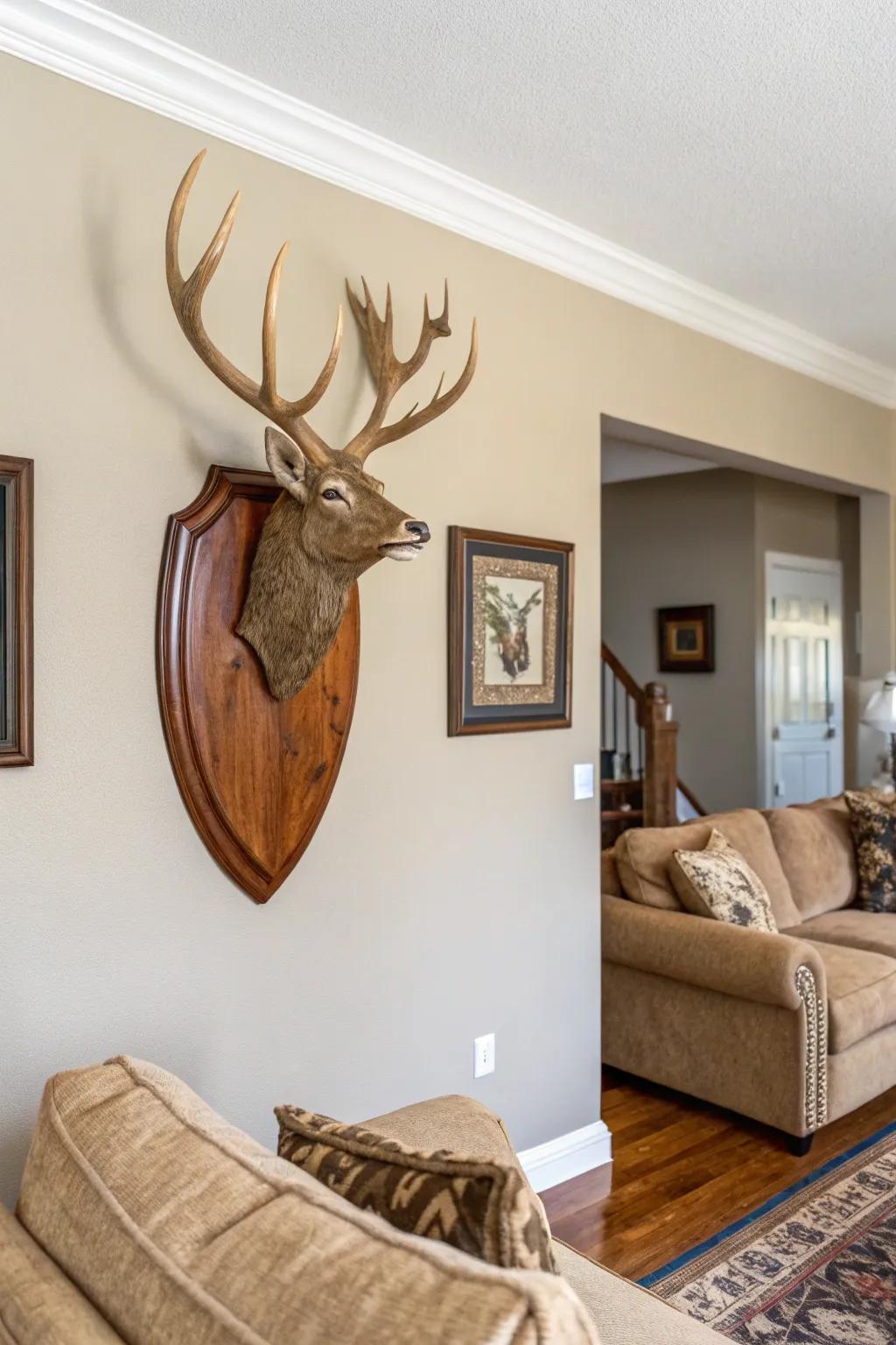 Classic deer antler mount on a polished wooden plaque adds elegance to a neutral-toned living room.