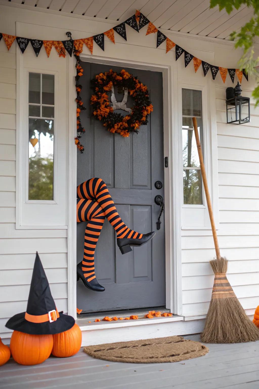 A whimsical witch crash door decoration for Halloween.