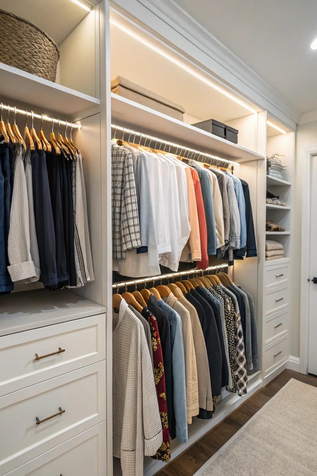 Double your storage using classic double hanging rods.