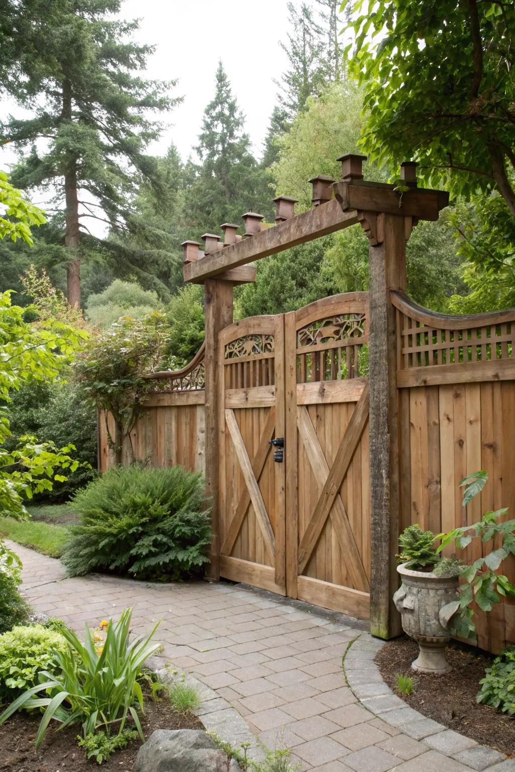 A timeless cedar gate blending seamlessly with the garden's natural beauty.