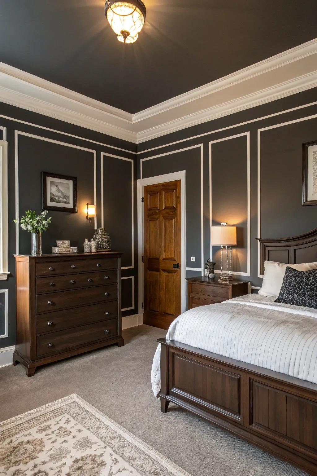 Deep charcoal walls set a sophisticated tone in this dramatic bedroom.