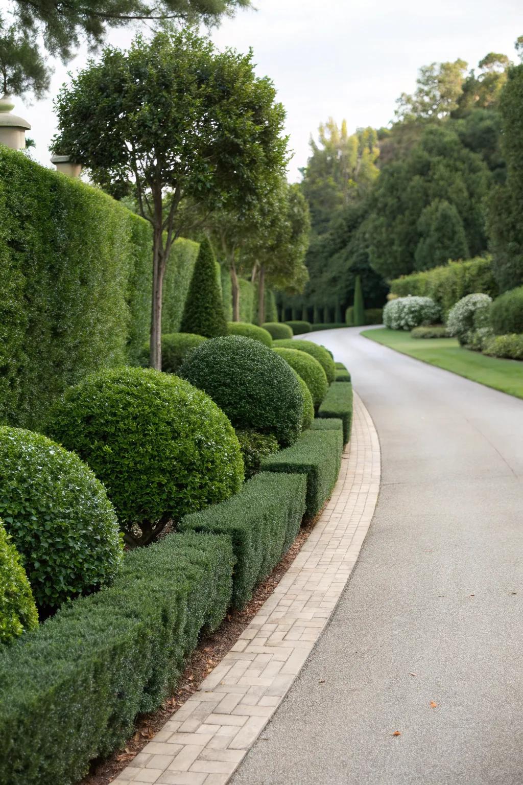 A driveway elegantly bordered by classic boxwood hedges.